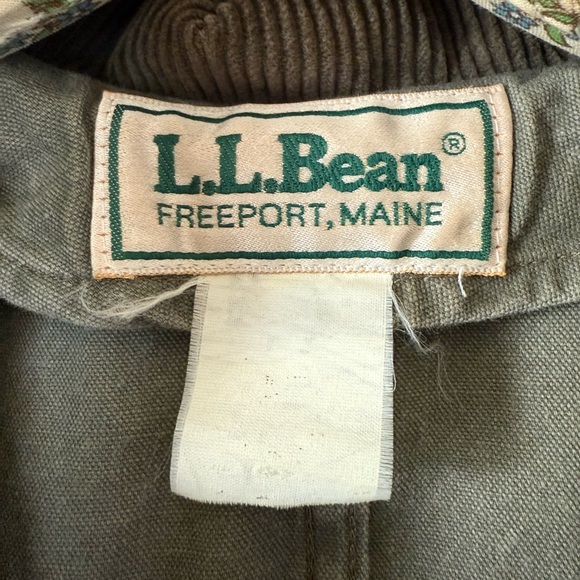 Vtg LL Bean Long Canvas Coat Size L Barn Chore Duster Corduroy Collar Green USA - Picture 14 of 15